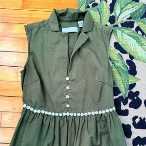 Olive Green Cotton Shirt Dress | Floral Trim | Minimalist Vintage Size Small